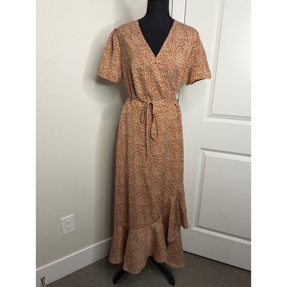 PrettyGarden Leopard Print Wrap Maxi Dress Brown Tan Ruffle Hem V-Neck Medium
